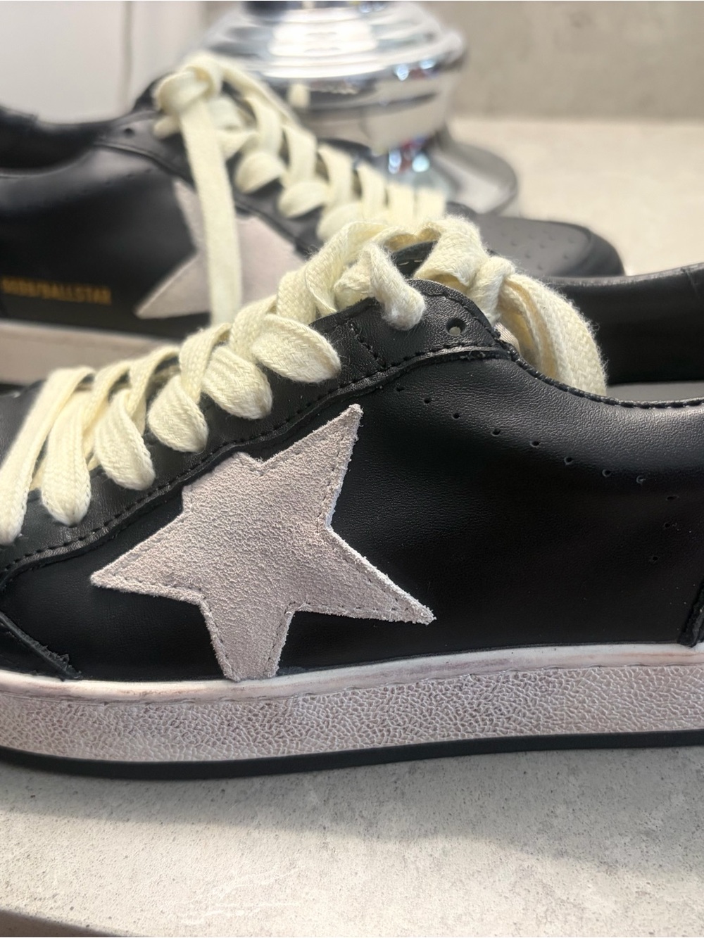 Golden Goose ‘copy’Black Leather Sneakers with White Star and Cream Laces